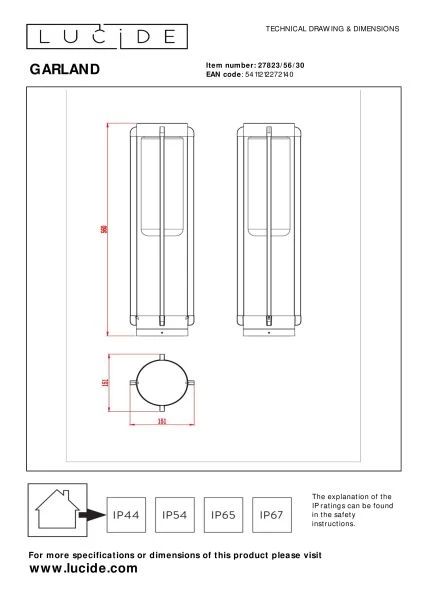 Lucide GARLAND - Lampe de table Intérieur/Extérieur - Ø 15,1 cm - 1xE27 - IP44 - Noir - TECHNISCH